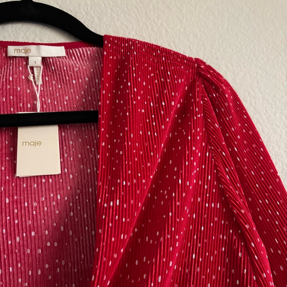New Maje Red rouge Ruched cropped polka dot Blouse size 1 small top women’s - Picture 7 of 14